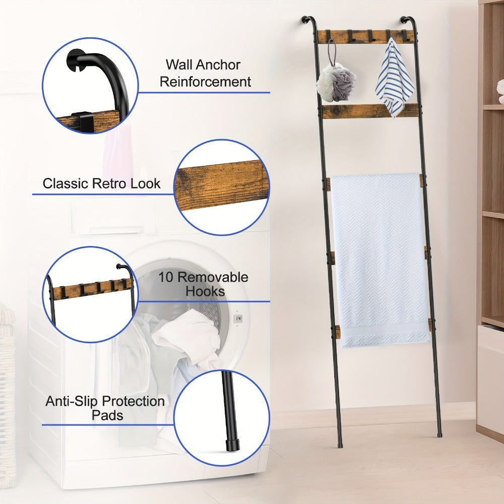 Blanket Ladder Rack 5 Tier with 10 Detachable Hooks - Freestanding Farmhouse Metal Towel Quilt Throw Storage Stand No Drilling Non-Slip Pads | Brown Black | Living Room Bathroom Bedroom Home Decor Organization
