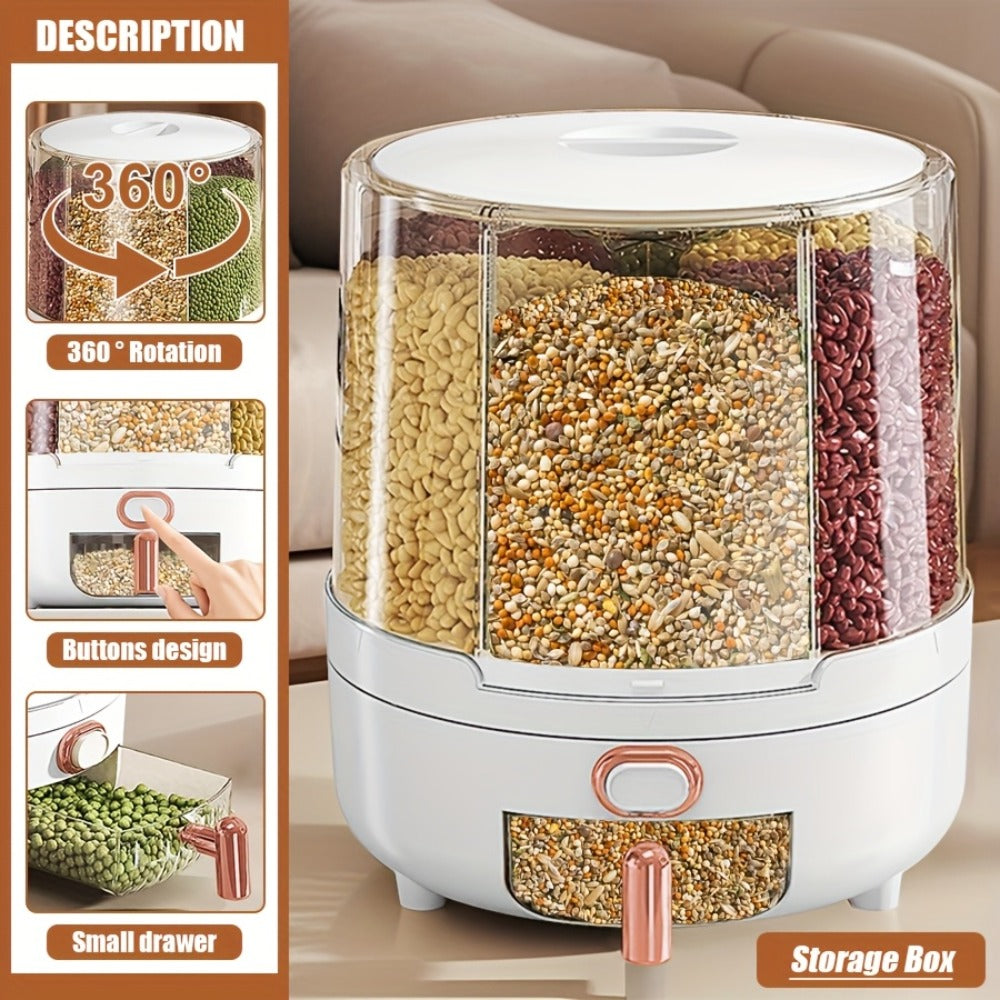 Rice Dispenser 360 Rotating 6 Compartment Grain Storage Container - Airtight Moisture Proof with Transparent Window, Food Grade PP, Large Capacity for Rice Cereal Flour and Pet Food, Medium 13lb or Large 22lb