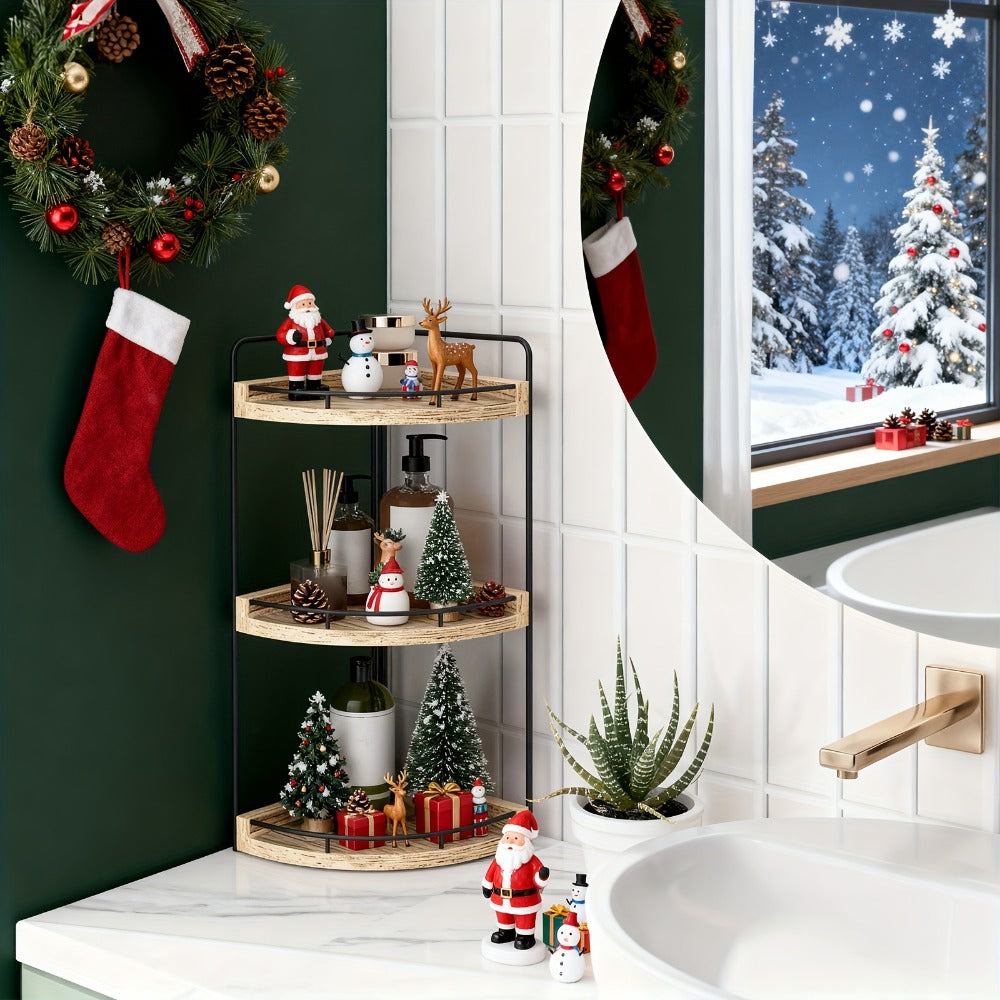3-Layer Rustic Corner Countertop Storage Rack ¨C 16.93¡± Wooden Vanity Organizer & Space-Saving Shelf for Bathroom, Kitchen & Bedroom ¨C Farmhouse Corner Shelf for Countertop Display & Organization