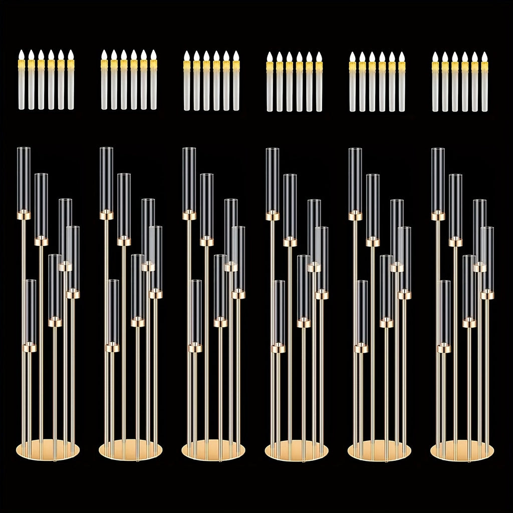 Floor Candelabra 6-Arm 46 Inch Gold Metal Candlestick Set with 12pcs LED Candles & Acrylic Shades, Tall Wedding Centerpiece Candle Holder for Valentine's Day Anniversary Party Home Decor