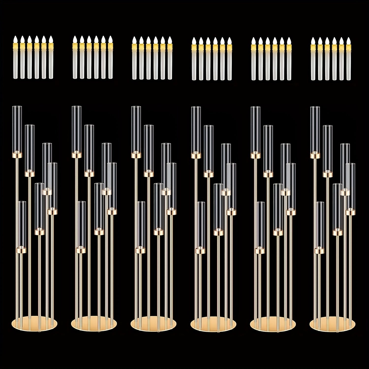 Floor Candelabra 6-Arm 46 Inch Gold Metal Candlestick Set with 12pcs LED Candles & Acrylic Shades, Tall Wedding Centerpiece Candle Holder for Valentine's Day Anniversary Party Home Decor