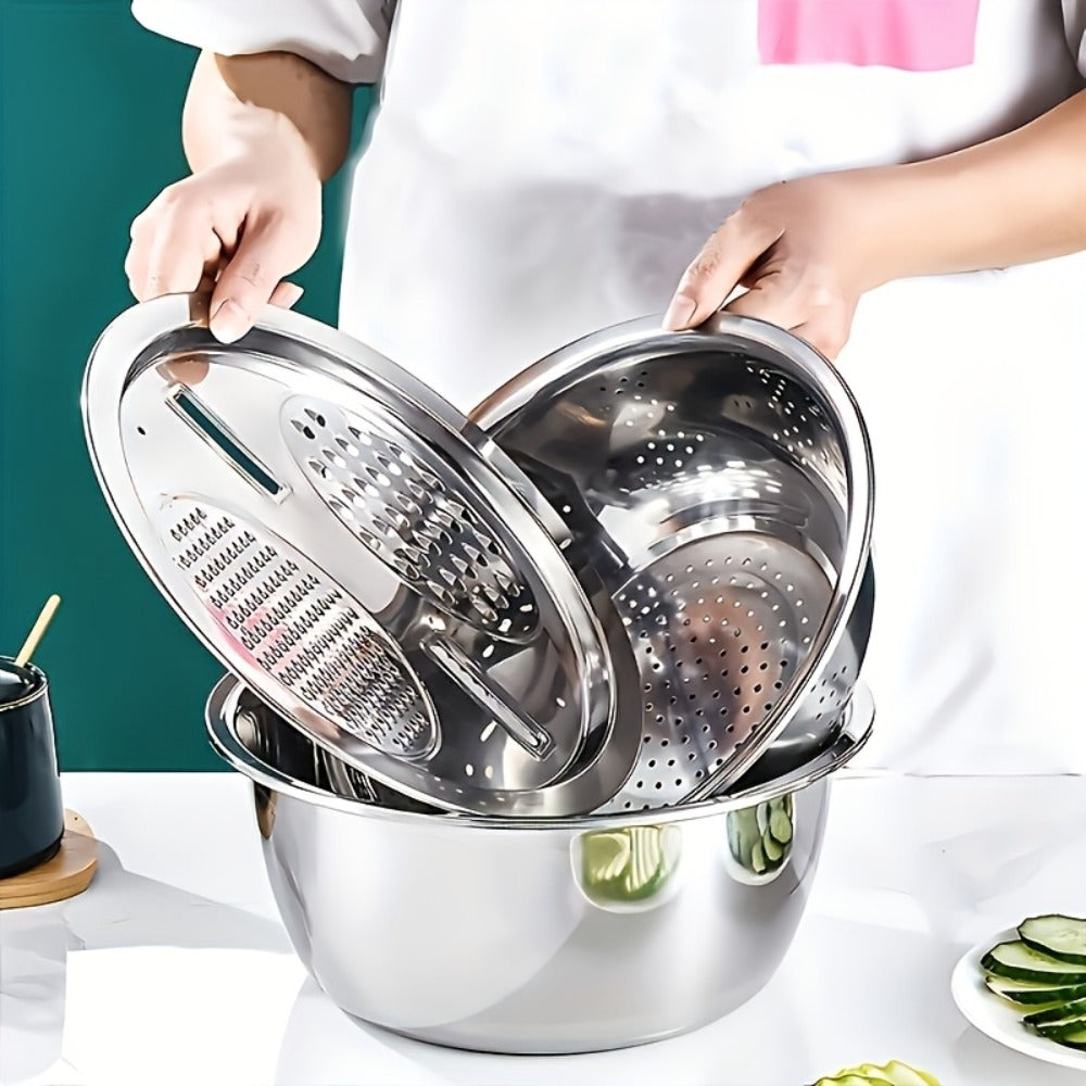 Stainless Steel Kitchen Tool Set 3pcs ¨C Built-In Grinder, Colander Filter & Mixing Bowl for Washing, Slicing & Draining Fruits, Vegetables & Cheese, Food-Safe Drainage System