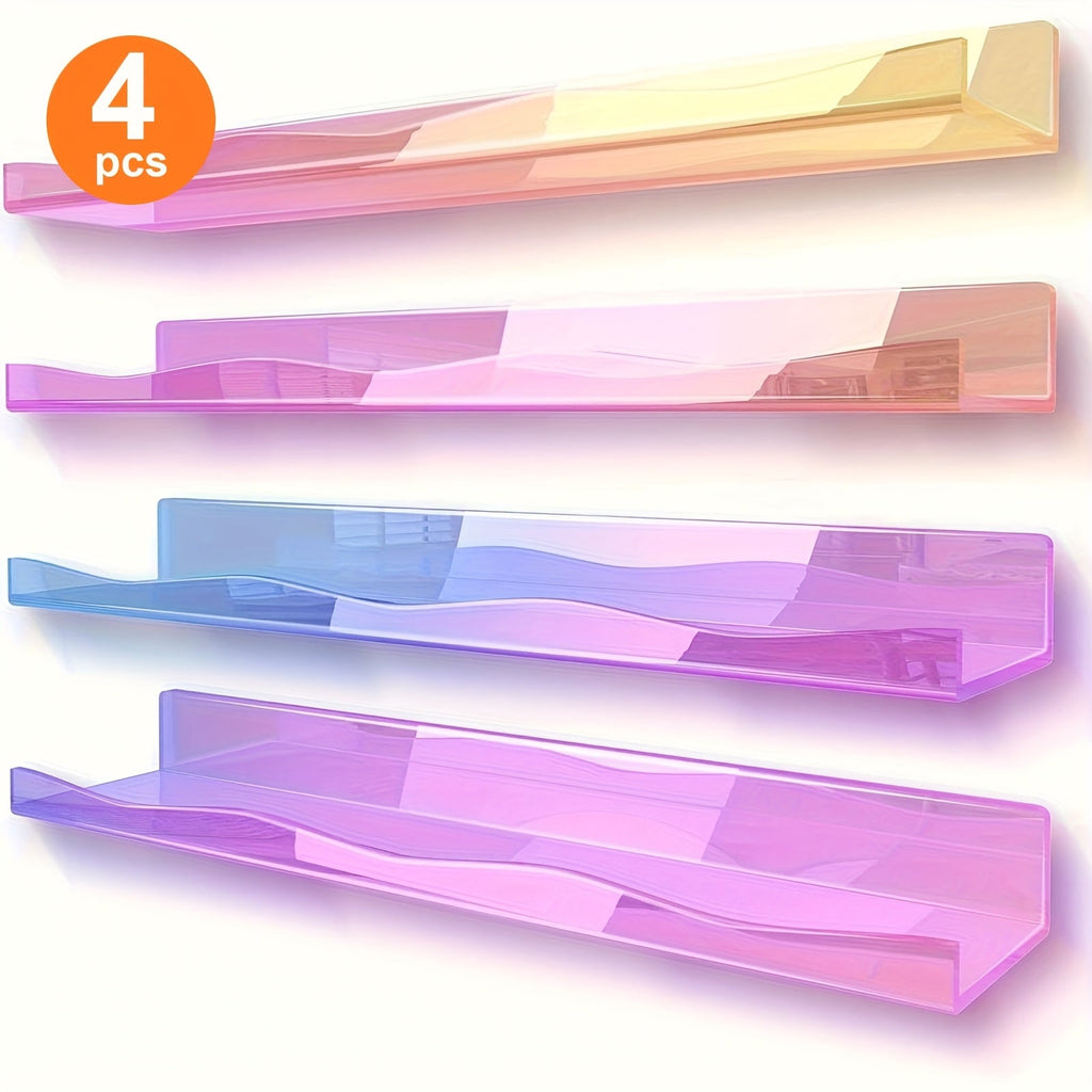 Iridescent Acrylic Floating Shelves Wall Mounted ¨C Colorful Rainbow Storage Rack for Nail Polish, Cosmetics & Sundries, Art Deco Style Bathroom & Bedroom Shelf, 2 or 4 Pack (Pink / Macaron / Clear)