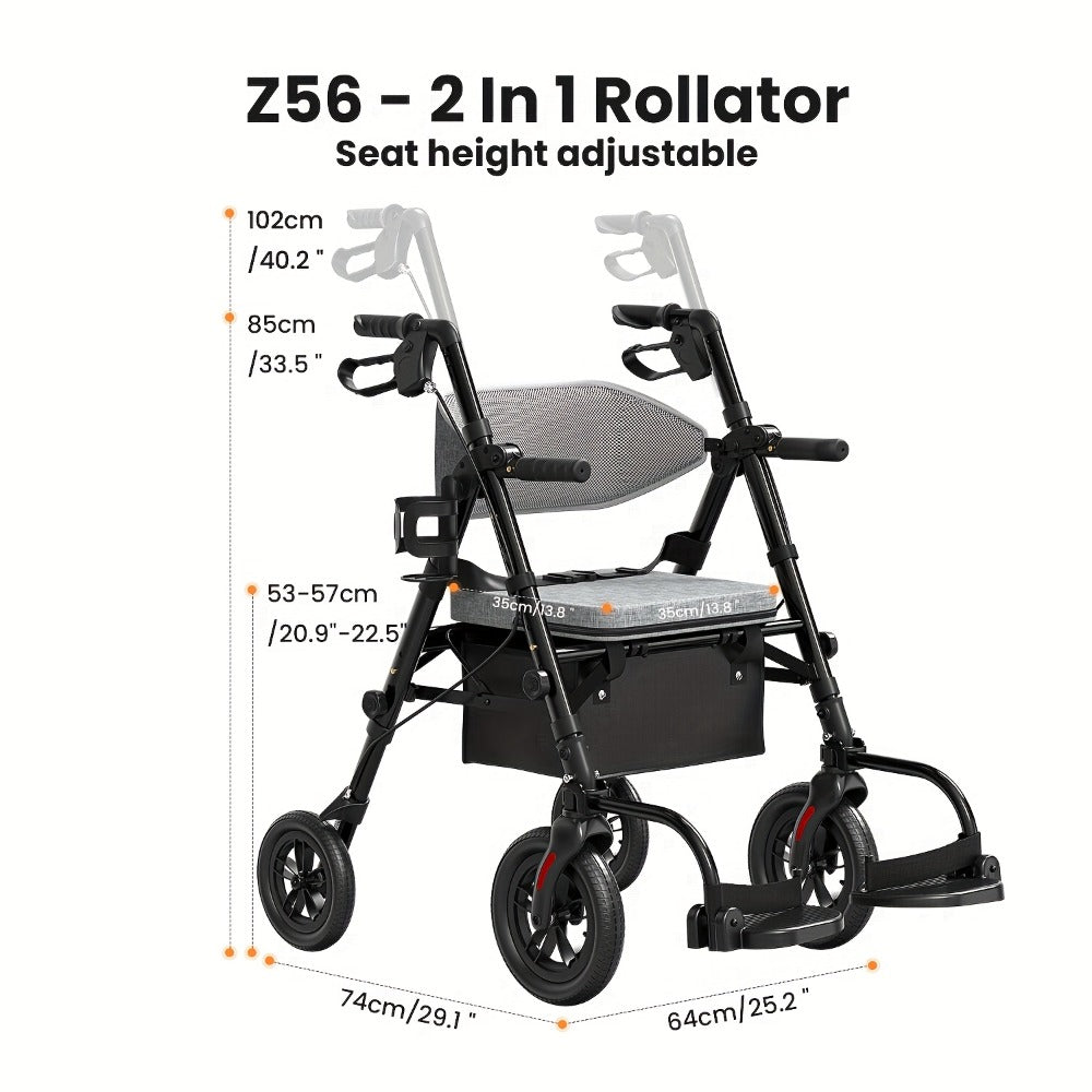 Rollator Walker for Seniors Foldable with 8-Inch Big Wheels, Durable Aluminum All-Terrain Rolling Walker with Ergonomic Backrest & Dual Adjustable Height, Upright Walker Option Available for Elderly
