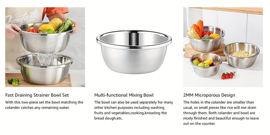 Stainless Steel Colander with Mixing Bowl Set 304 Food Grade Strainer Bowl for Washing Vegetables Fruit Rice Dishwasher Safe Kitchen Colander Sieve Multiple Sizes