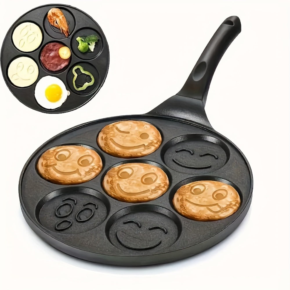 7-Hole Non-Stick Pancake Pan Smiley Face ¨C Aluminum Alloy Breakfast Maker with Detachable Handle for Gas Stove | Oven & Dishwasher Safe Crepe Waffle Egg Mold Cooking Pan Even Heat Distribution Black