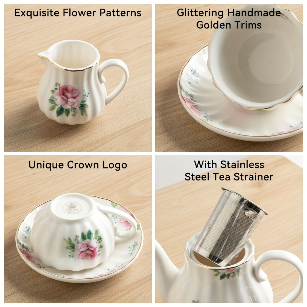 Porcelain Tea Set Service for 6 British Royal Floral Design with Teapot Sugar Bowl Cream Pitcher Teaspoons Tea Strainer 8oz Cups Saucers for High Tea Wedding Party Gift