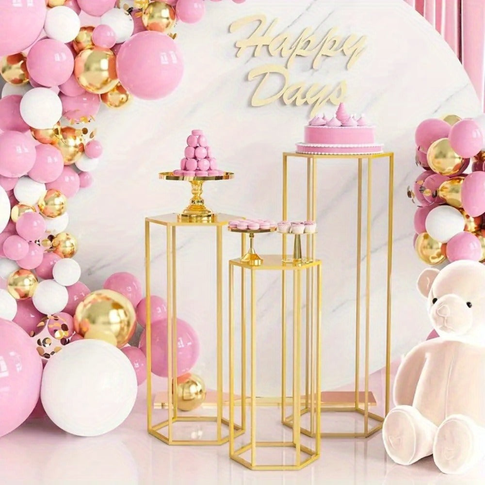 Golden Cake Stand & Pedestal Stand Set - Metal Cylinder Hexagon Display Stand for Wedding, Party & Home Decor