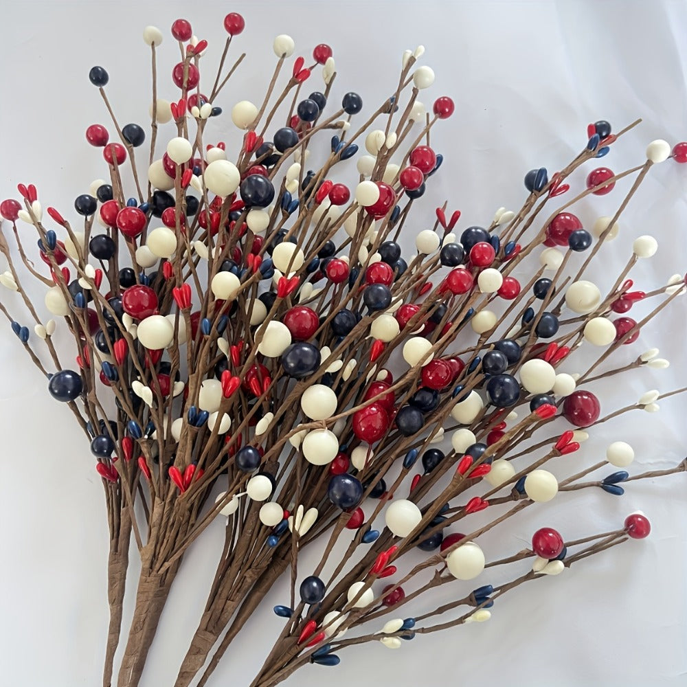 Artificial Berry Branches Red White Blue Patriotic Decor ¨C 5pcs Fake Plastic Stems for Home Tabletop Vase Floral Arrangement Fourth of July
