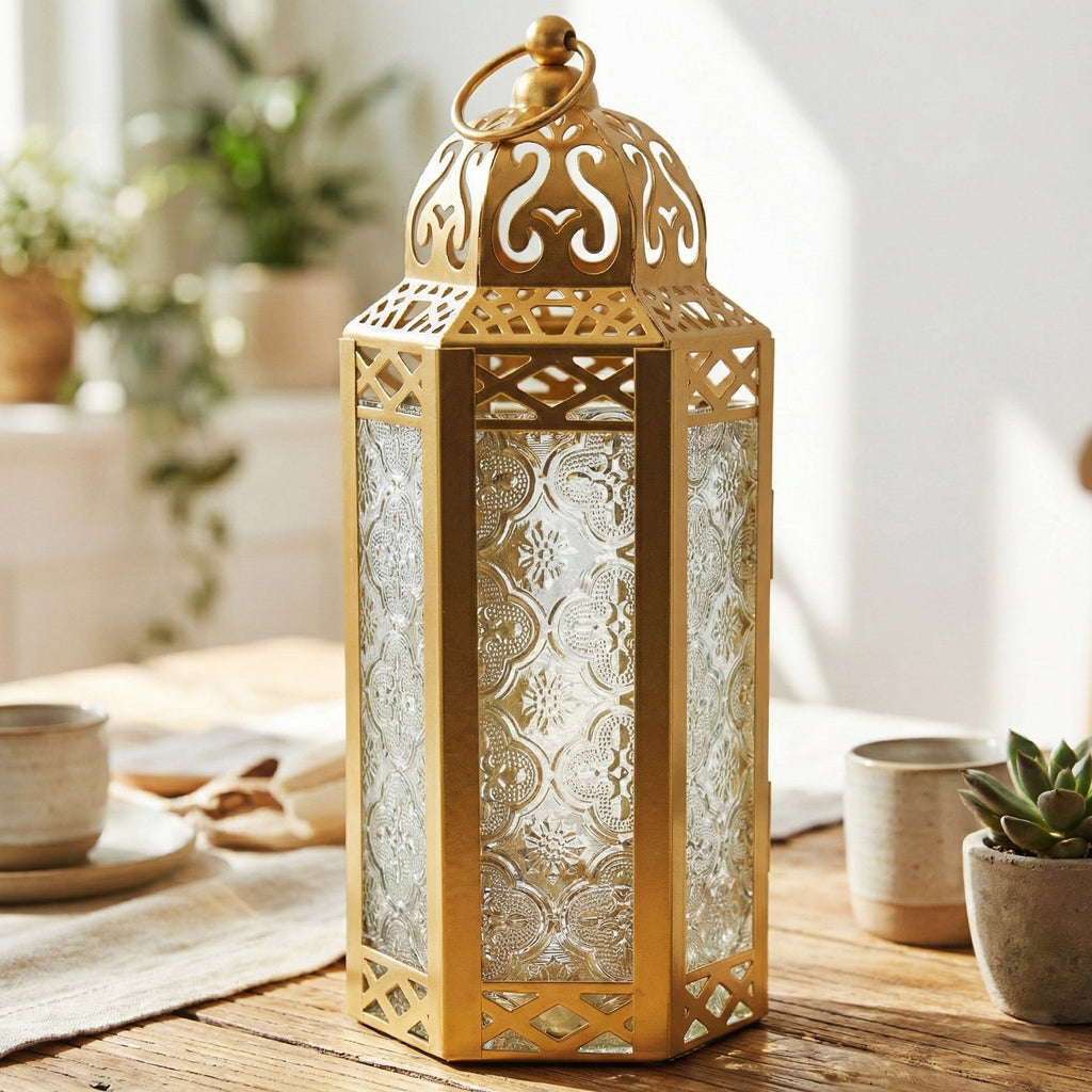 Moroccan Candle Lantern Holder - Decorative Metal & Glass Lantern with Embossed Floral Design for Indoor Home Decor, Garden, Patio, Weddings, Ramadan, Halloween & Holiday Celebrations - 10.5¡± Tall Medium Size