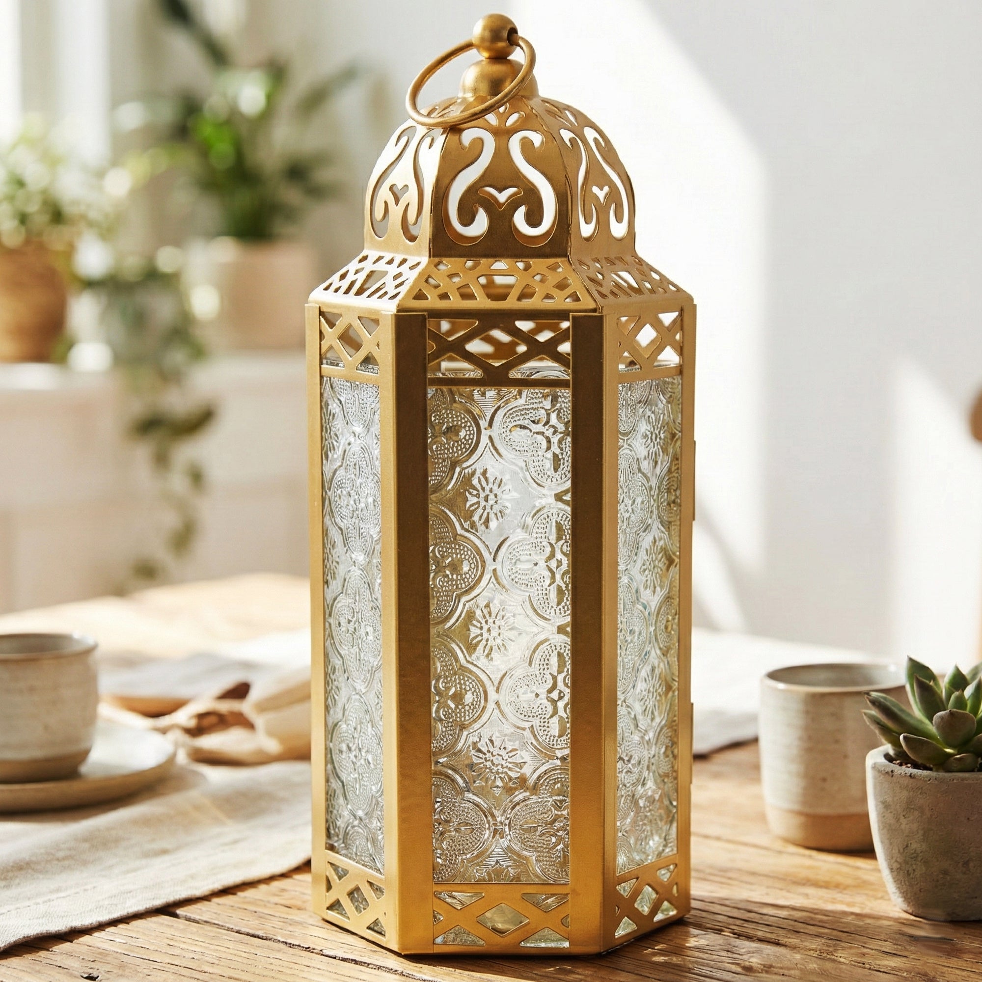 Moroccan Candle Lantern Holder - Decorative Metal & Glass Lantern with Embossed Floral Design for Indoor Home Decor, Garden, Patio, Weddings, Ramadan, Halloween & Holiday Celebrations - 10.5¡± Tall Medium Size