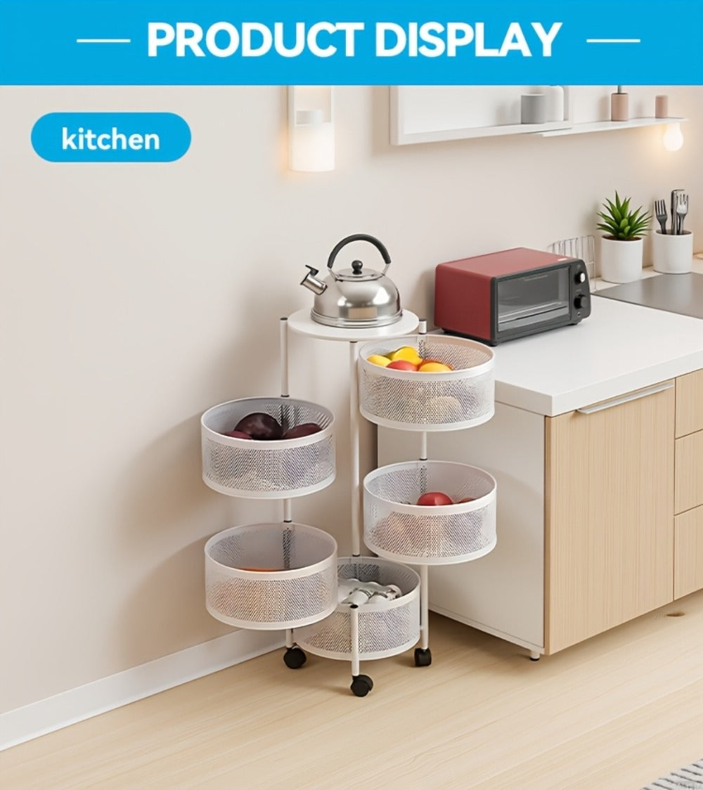 Rotating Storage Rack Multi-Tier Rolling Cart ¨C 360¡ã Swivel Round Floor Standing Organizer with 4 or 5 Layers, Vegetable Basket & File Rack for Kitchen, Bathroom, Office & Living Room (Black / White)