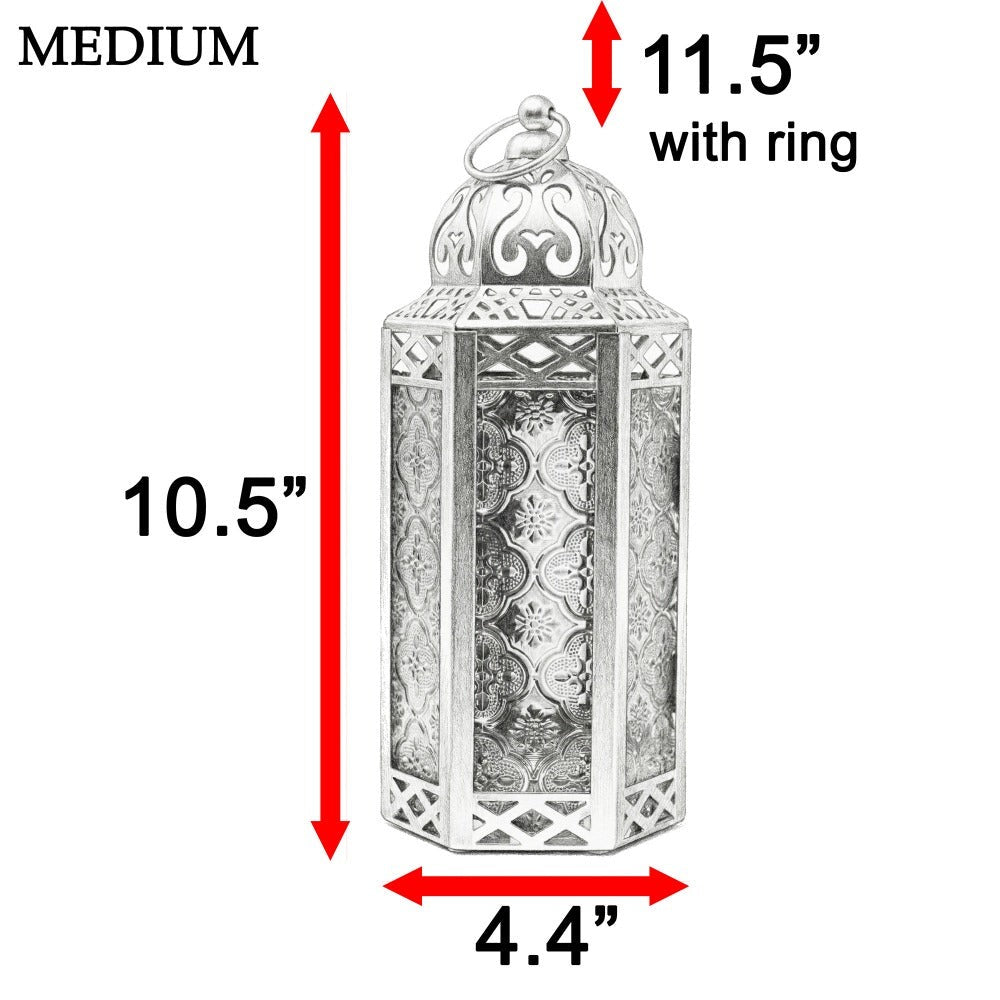 Moroccan Candle Lantern Holder - Decorative Metal & Glass Lantern with Embossed Floral Design for Indoor Home Decor, Garden, Patio, Weddings, Ramadan, Halloween & Holiday Celebrations - 10.5¡± Tall Medium Size