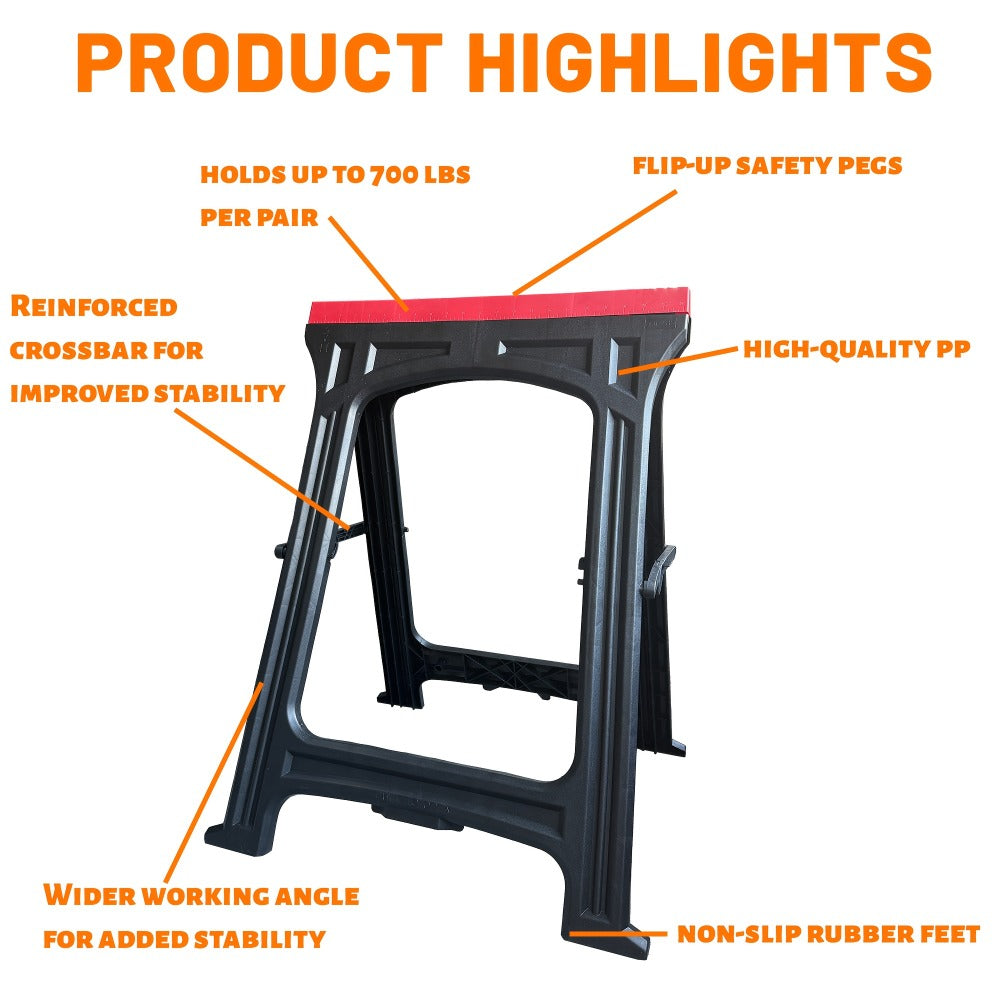 Folding Sawhorse 2 Pack Heavy Duty 700LBS Capacity Portable Work Support Horses Foldable Steel Saw Horse Set with Non-Slip Legs for Workshop Garage DIY Projects