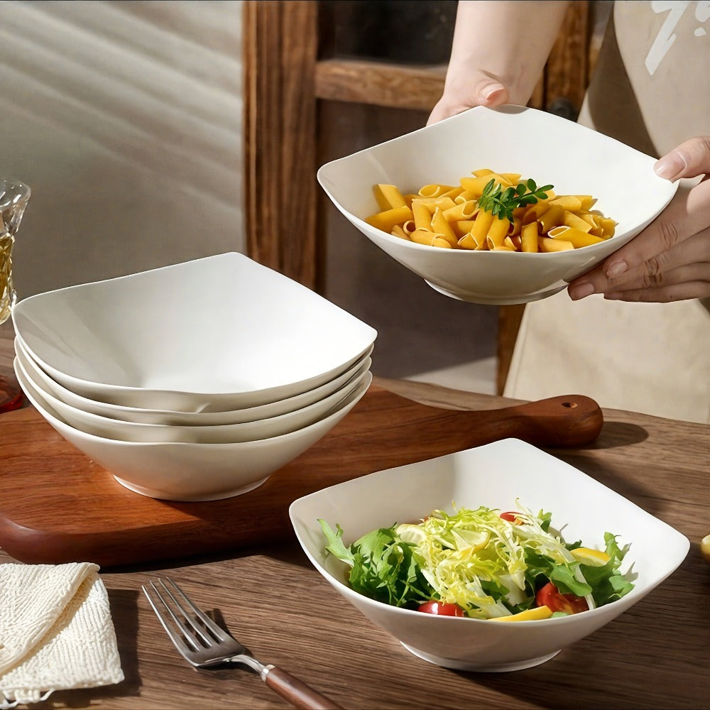 Salad Bowl and Plate Set 4/8/16 Piece ¨C Reusable White PP Plastic Microwave Safe Stackable Lightweight Tableware for Picnic Outdoor Party Wedding Hotel Camping Dessert Cold Dish Serving