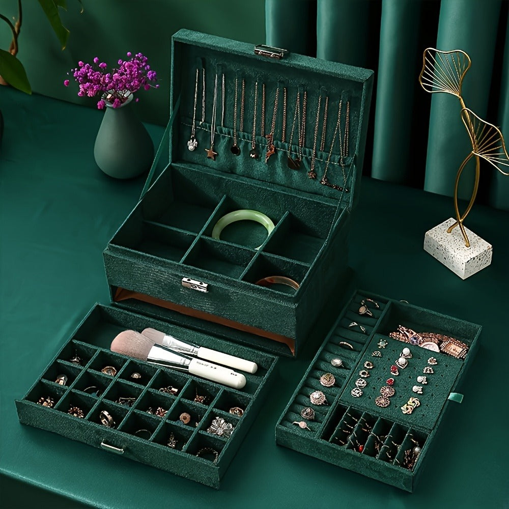 Velvet Jewelry Organizer Box with Lock & Drawers ¨C Large Capacity Storage Case for Rings, Necklaces, Earrings & Bracelets, Travel Jewelry Box