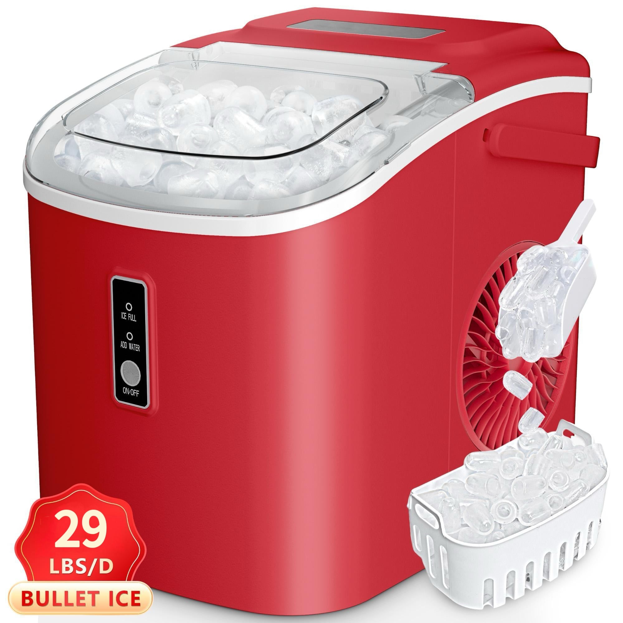 Self-Cleaning Ice Maker Countertop 8 Cubes in 6 Minutes, 2 Ice Sizes S/L, 26-29 Lbs Per Day, Smart ICE FULL & ADD WATER Indicators, Portable Handle, 6 Colors for Home Kitchen Camping RV