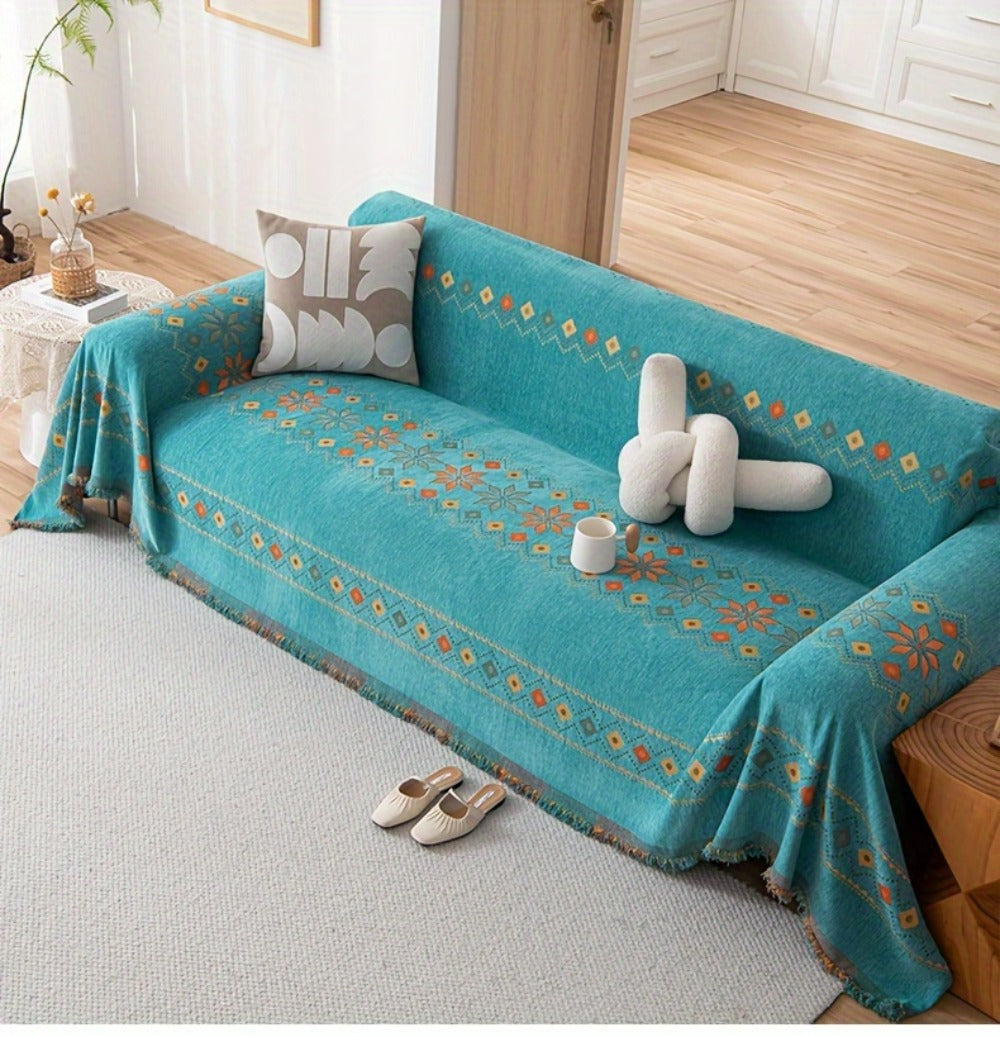 Bohemian Embroidery Chenille Sofa Cover 300GSM - Machine Washable Knit Weave Slipcover for 2 3 4 Seater Sectional Sofa No Padding, 5 Colors