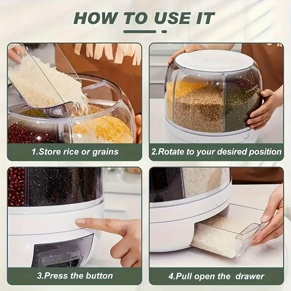 Rotating Rice Storage Container with Multi-Compartment ¨C Large Capacity Grain Bucket, Moisture-Proof Insect-Proof Sealed Tank for Rice, Flour, Pet Food Kitchen Organizer