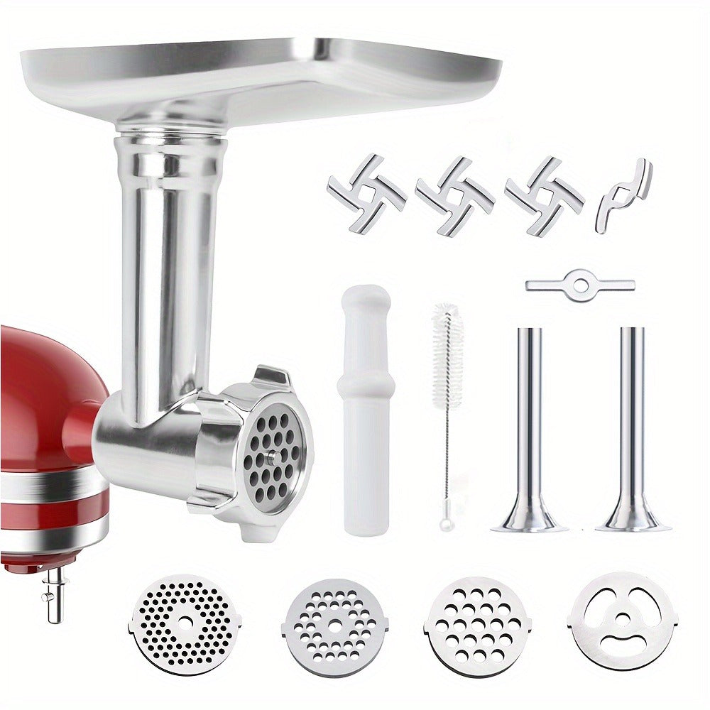 Metal Meat Grinder Attachment for KitchenAid Stand Mixers with 4 Grinding Plates 4 Blades 2 Sausage Stuffer Tubes Holder and Cleaning Brush Food Grinder for All KitchenAid Mixers