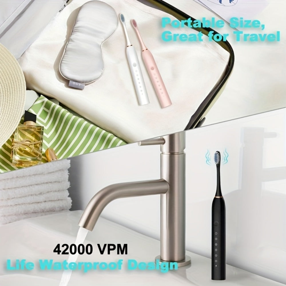 Rechargeable Electric Toothbrush with 6 Cleaning Modes & Smart Timer ¨C USB Sonic Toothbrush for Adults, Replacement Heads Included, 3 Colors, Whitens Teeth & Protects Gums, Great Family Gift
