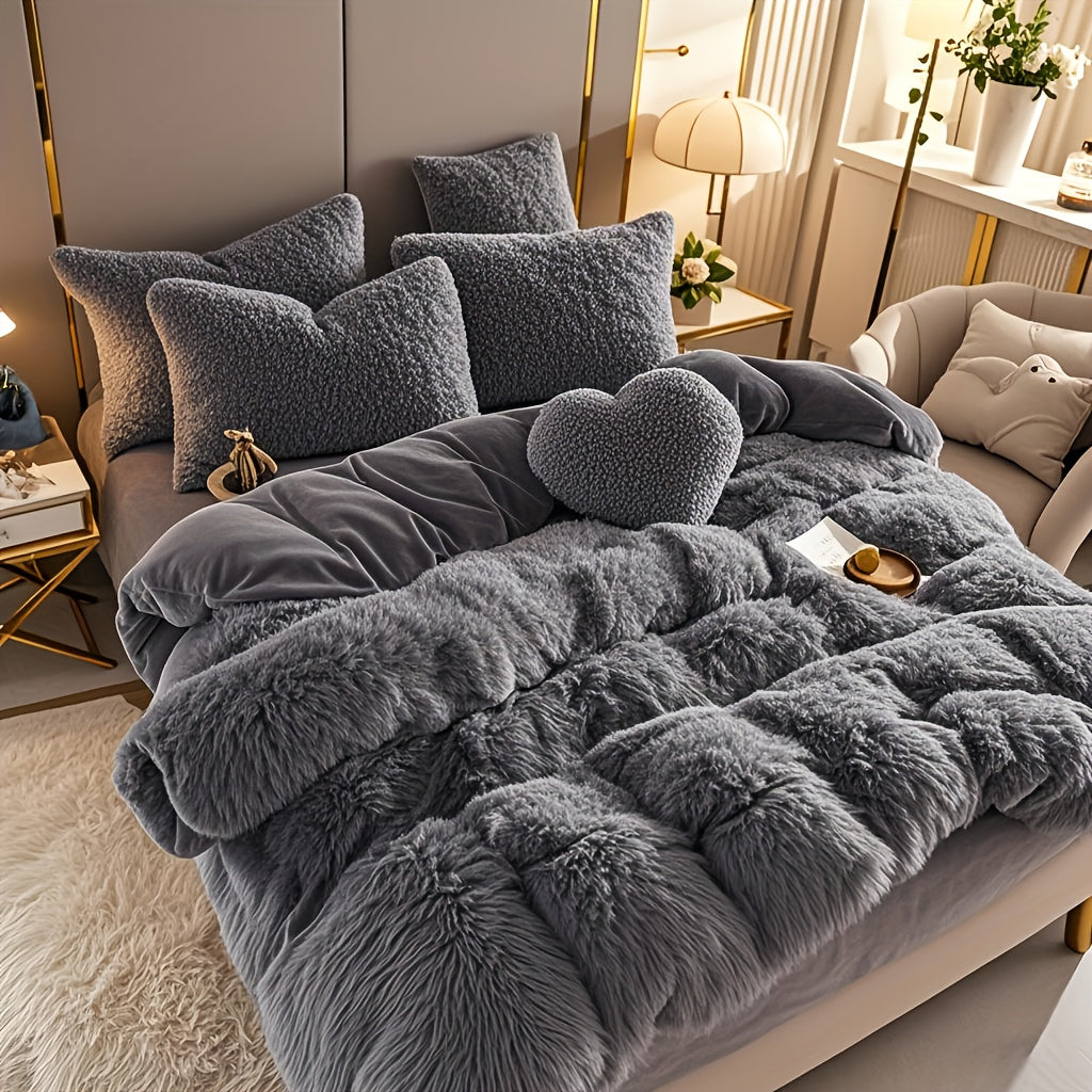 Fluffy Bedding Set 4pcs Soft Warm Plush Duvet Cover with Pillowcases Queen King - Cozy Autumn Winter Comforter Set 8 Colors