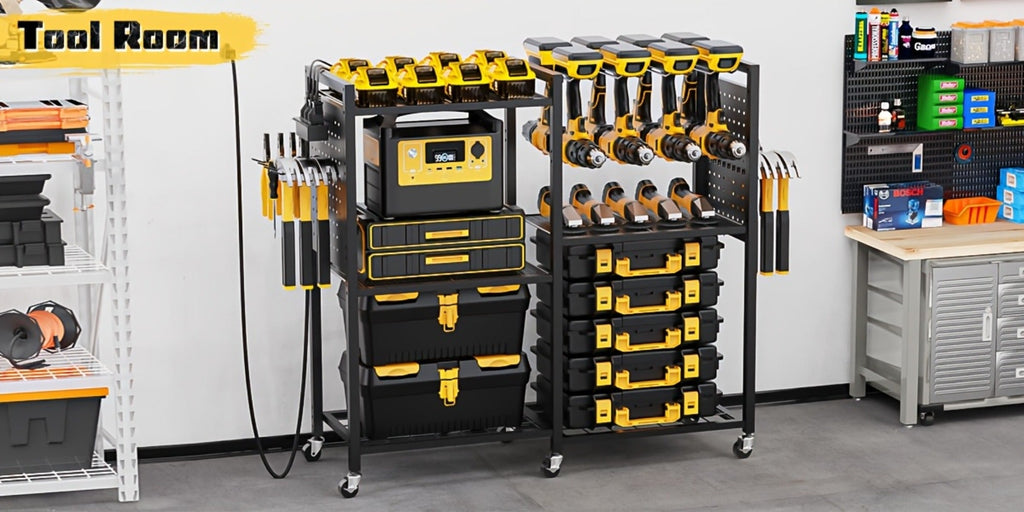 Mobile Tool Cart with Charging Station ¨C 12 Drill Holders & 5 Storage Shelves Power Tool Organizer | Rolling Utility Rack Toolbox with Battery Charging Power Strip for Garage & Workshop | 4 Colors
