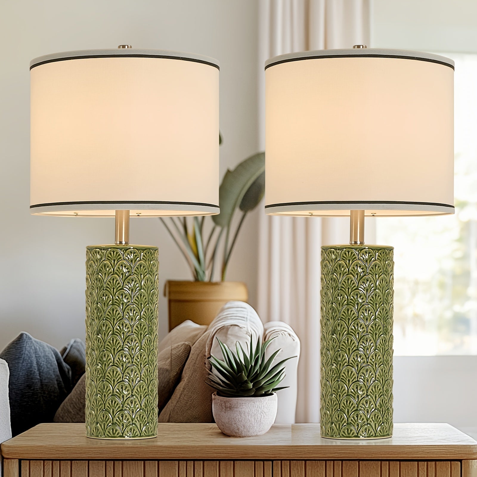 Ceramic Table Lamp ¨C Modern Farmhouse Bedside Lamp with Drum Shade, 3 Color Temperature, Knob Switch, 9W LED Bulb Included, Rustic Nightstand Desk Light for Bedroom Living Room Office Dorm (Multiple Colors)