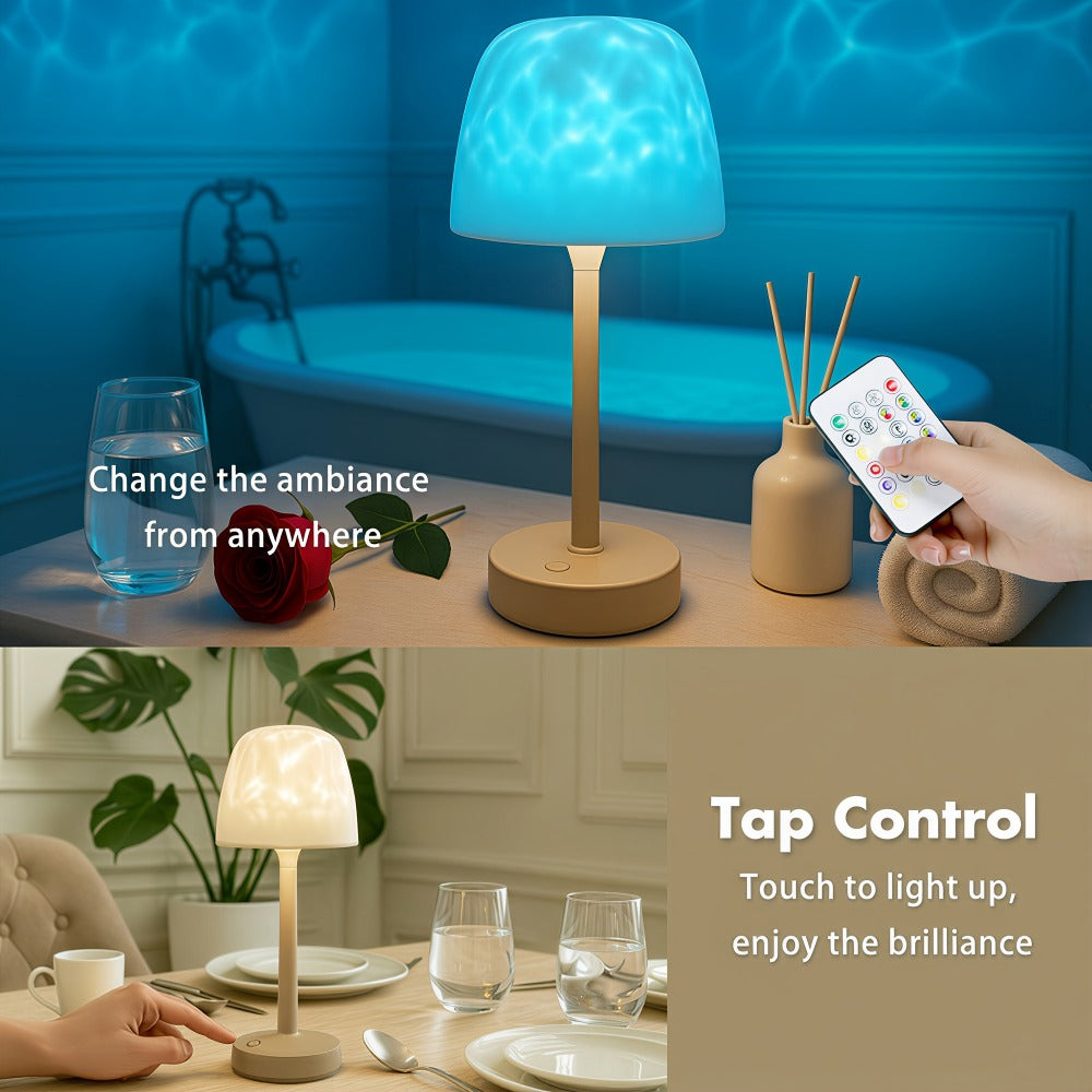 Ocean Wave LED Projector Lamp ¨C 16 Color Rechargeable Cordless Night Light with Remote, Water Ripple Atmosphere Lamp for Bathroom Bedroom, Portable Table Lamp, RGB & Wood Base Options