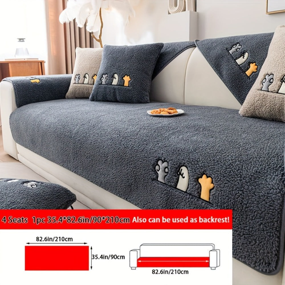 Plush Shearling Sofa Cover Non-Slip Pet-Friendly Couch Protector Animal Bone Embroidery Soft Warm for Living Room Bedroom Office 2 3 4 Seater