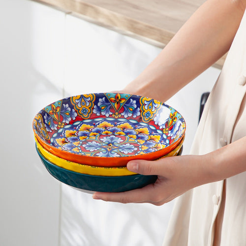Bohemian Pasta Bowls Set of 6 | 32 Oz Porcelain, Floral Pattern, Microwave & Dishwasher Safe ¨C VANCASSO