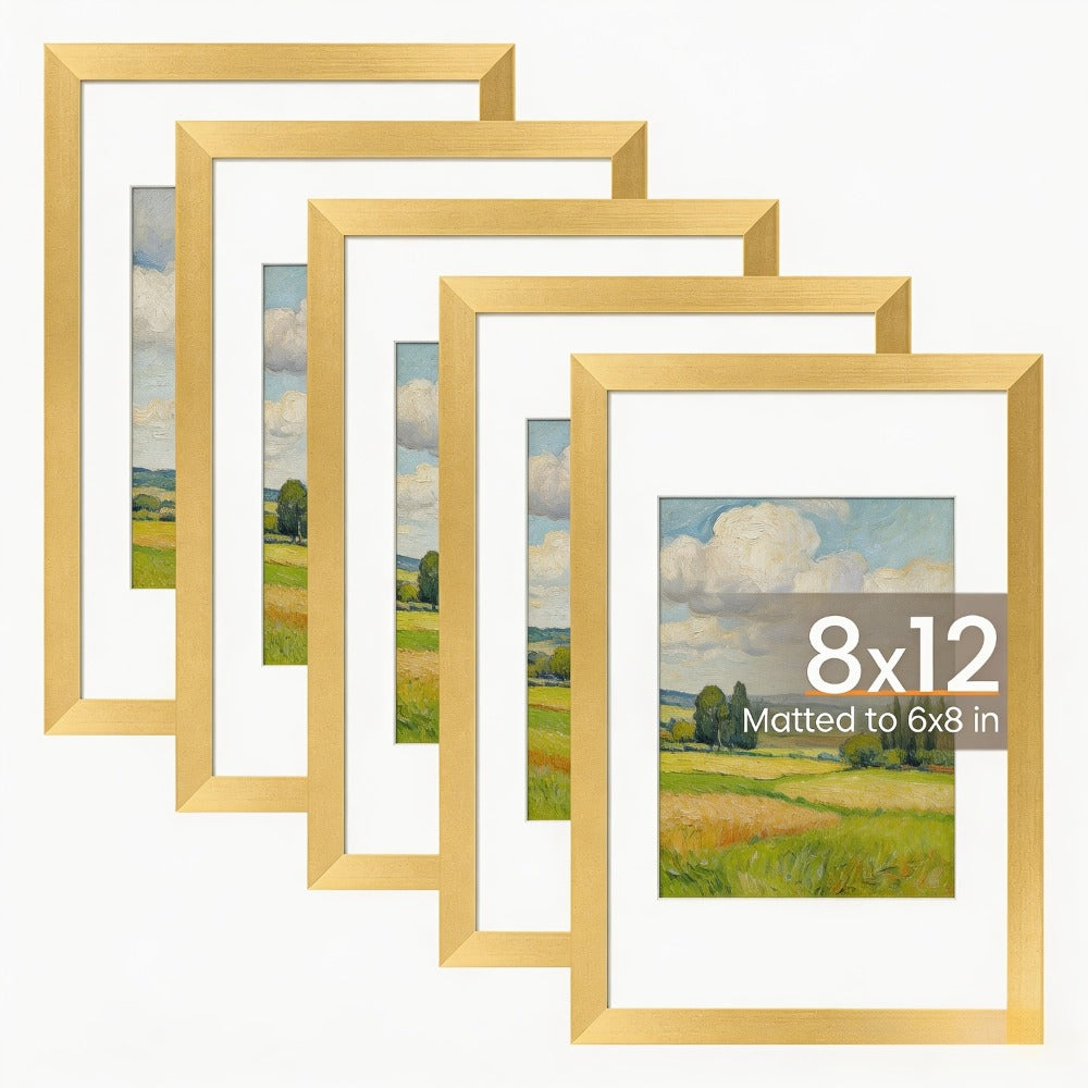 Picture Frame Set of 5 ¨C 12x16 Inch Gallery Wall Photo Frames, Display 8.5x11 with Mat or 12x16 Without Mat | HD Cover, Horizontal & Vertical Hanging | Golden Wall Collage Frame Set for Home & Office