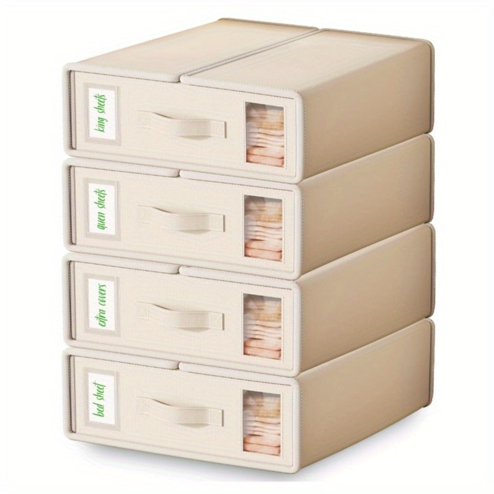 Bed Sheet Storage Organizer Boxes 4-Pack Foldable Fabric Bins with Clear Window & Label, Closet Bedding Storage Box for Sheets Duvet Covers Blankets Pillowcases, Oxford or Non-Woven, Grey Beige