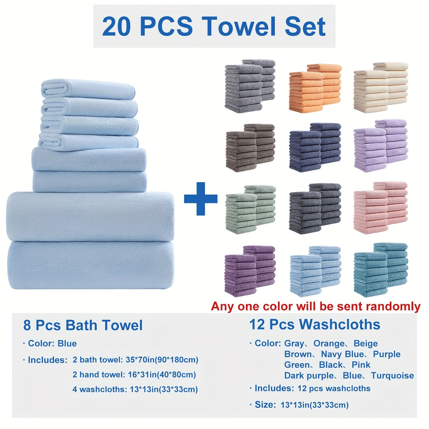 Bath Towel Set 20 Piece 100% Microfiber Absorbent Quick Dry Soft Extra Large Bath Sheets 8 Bath Towels 12 Washcloths Home Bathroom Spa Gift White Beige Gray Blue Green Purple
