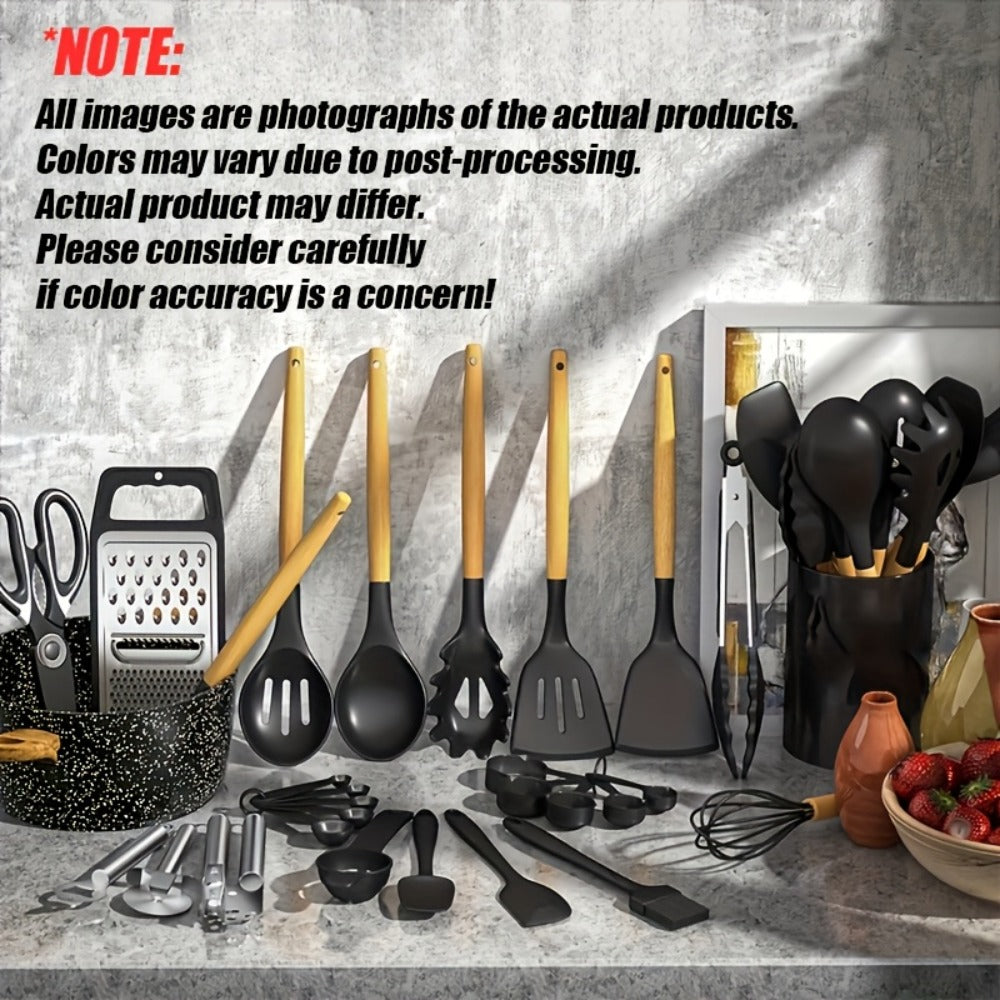 Silicone Cooking Utensils Set 35-Piece with Holder Rack Wooden Handle Heat Resistant Kitchen Tools for Non-Stick Pans ¨C Complete Kitchen Utensil Set in Multiple Colors