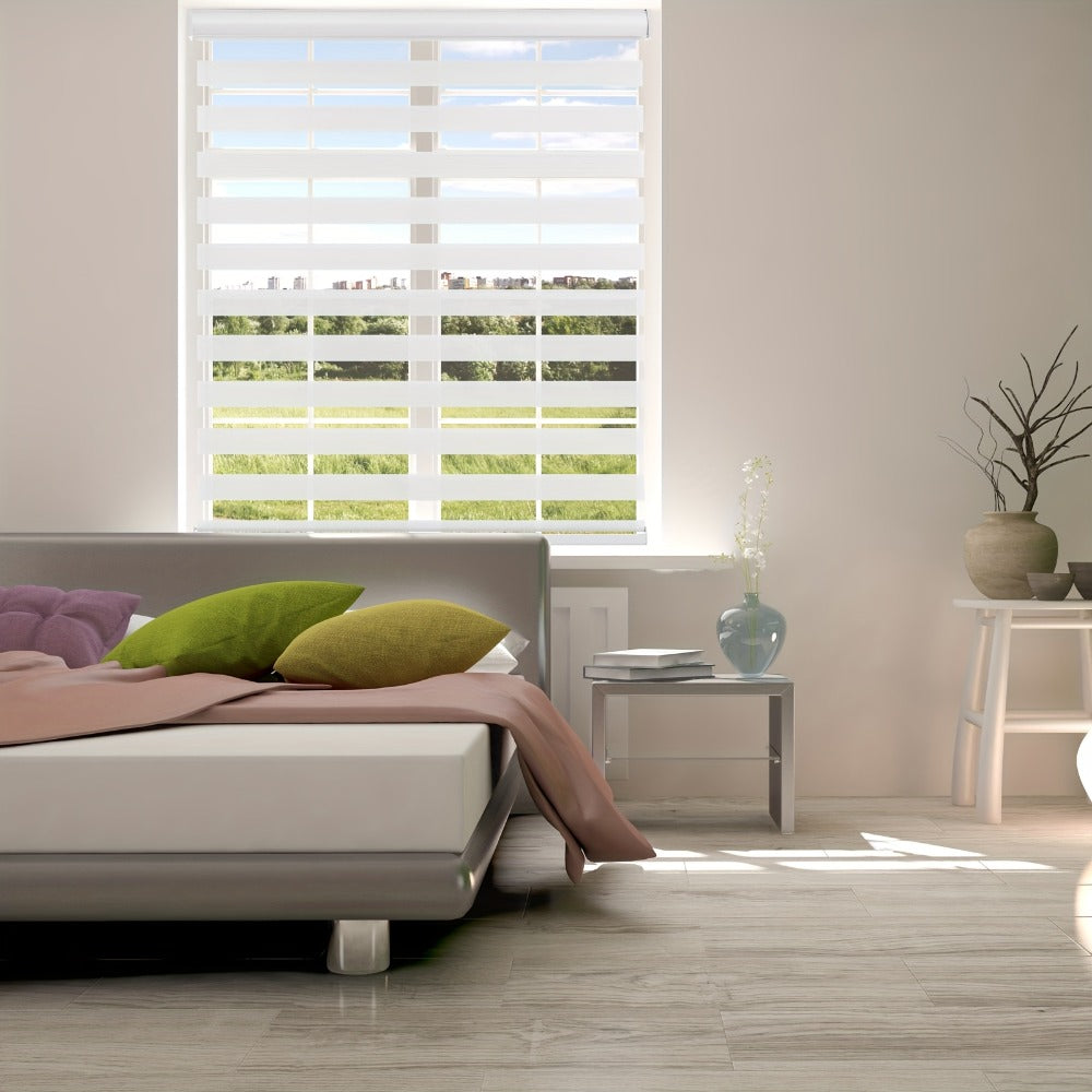 Cordless Zebra Roller Shade with Valance ¨C Day Night Window Blind, Light Filtering Dual Layer Window Treatment Mesh Opaque Fabric