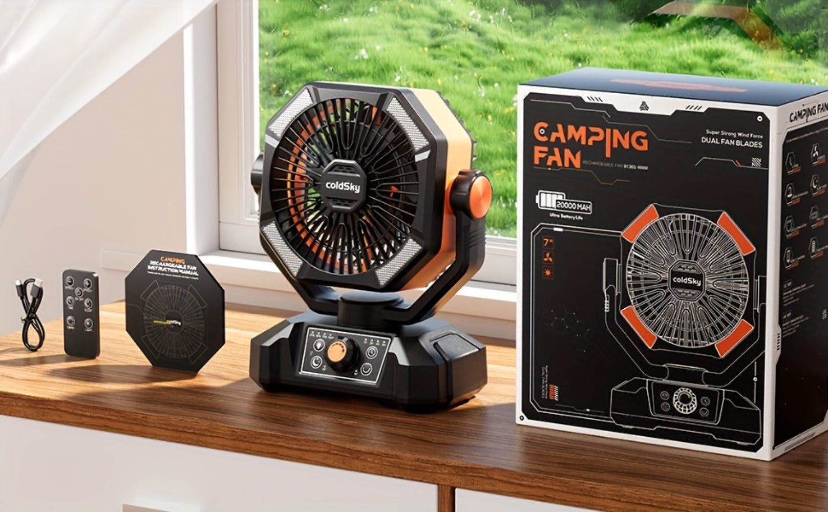 Camping Fan Battery Powered 20000mAh, Dual Motor 8-Speed Portable Tent Fan with Remote Control, 4 LED Lanterns and Hanging Hook, Rechargeable Outdoor Fan for Camping, Power Outage, Construction Site