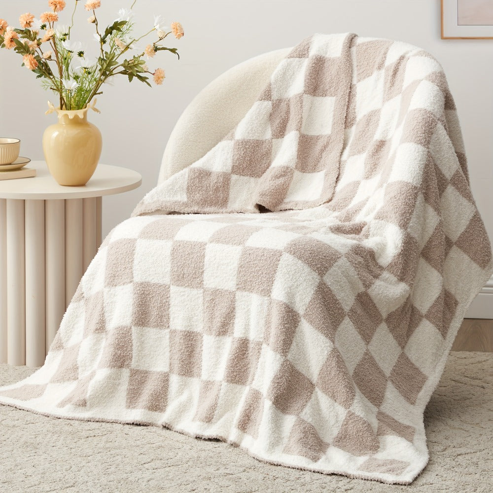 Jacquard Knit Checkered Blanket ¨C Soft Cozy Fluffy Plaid Throw for Couch, Bed & Sofa, All Seasons, 4 Colors, Throw to King Size