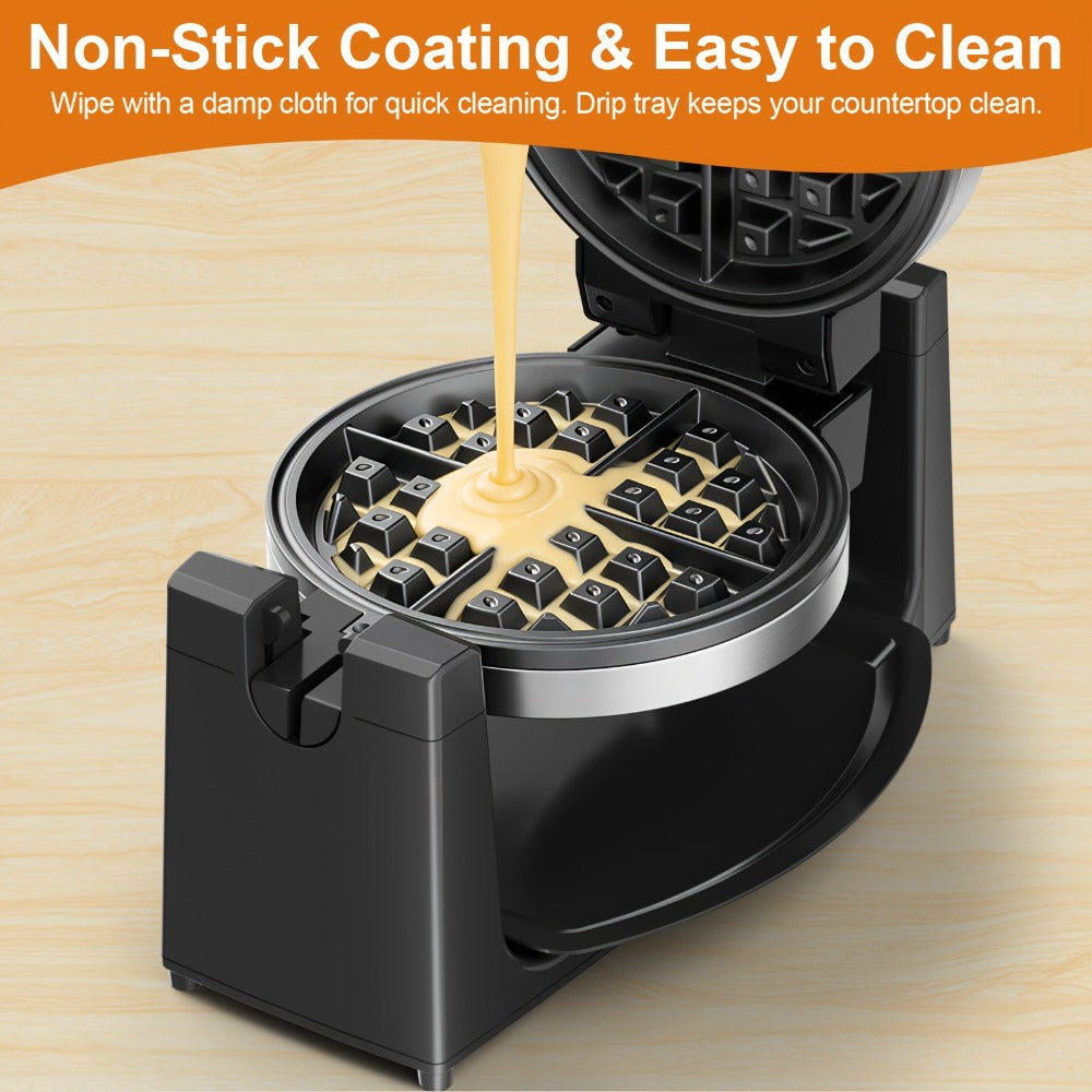 Rotating Belgian Waffle Maker 180¡ã Flip Waffle Iron - Non-Stick Plates, Adjustable Browning Control, Foldable Cool-Touch Handle, Removable Drip Tray, Space-Saving Stainless Steel Design for Home Brunch