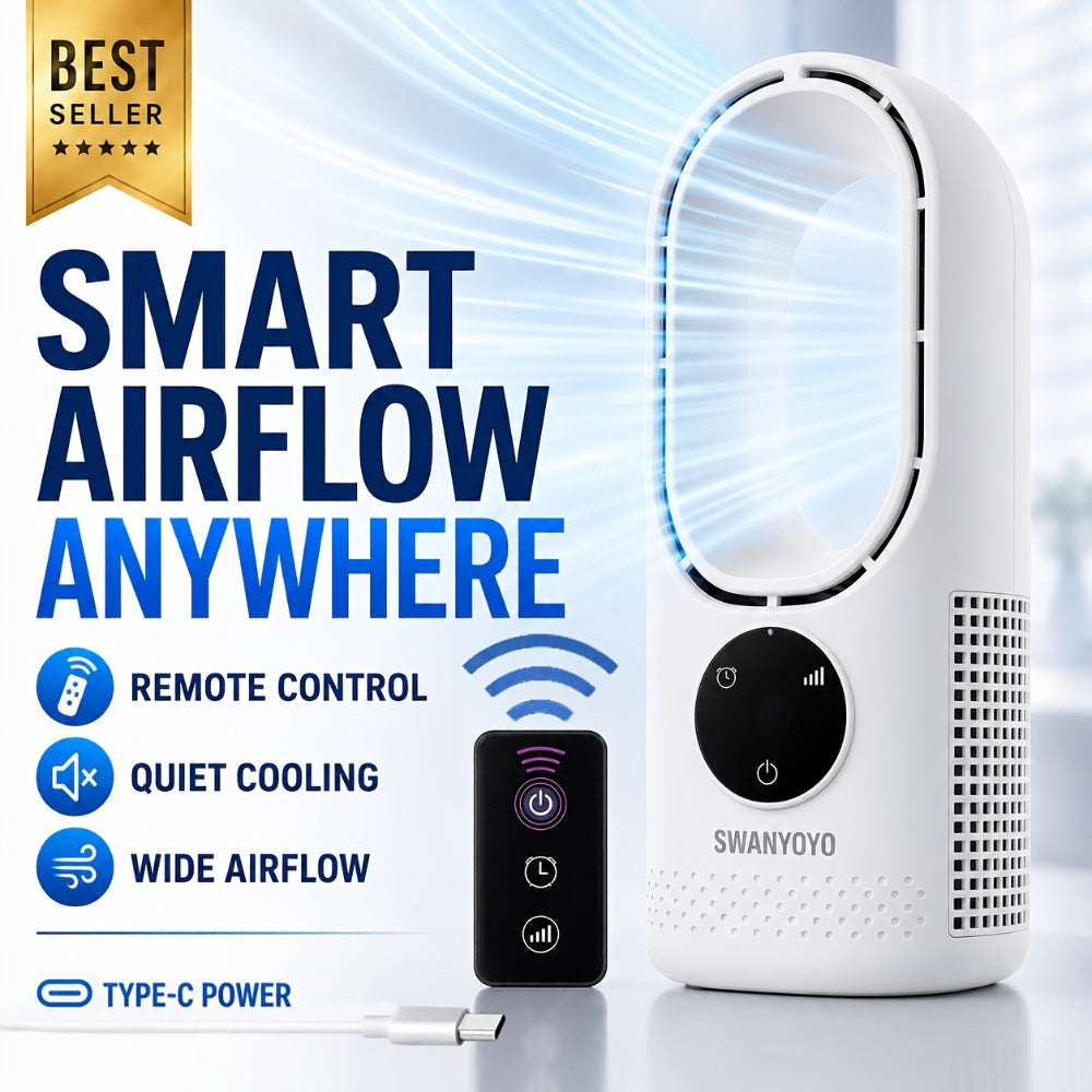 Portable Bladeless Fan USB Tower Fan, Desktop Air Conditioner Fan with Water Mist Cooling, Remote Control, Touch Screen, 7-Color LED Ambient Light and Timer, Personal Cooling Fan for Office, Travel, Camping, Home