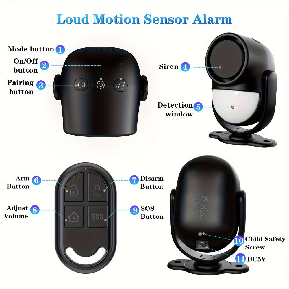 125dB Wireless Motion Sensor Alarm with Siren Light & Remote Control ¨C Indoor Infrared Security Motion Detector for Home, Shed & Garage ¨C Battery Operated PIR Alert System (Black & White)