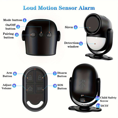 125dB Wireless Motion Sensor Alarm with Siren Light & Remote Control ¨C Indoor Infrared Security Motion Detector for Home, Shed & Garage ¨C Battery Operated PIR Alert System (Black & White)