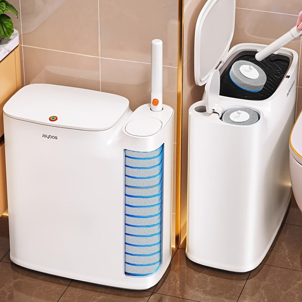 Toilet Brush and Trash Can 2-in-1 Set - Disposable Brush Heads Slim 7.7L Bathroom Waste Bin with Push Lid Hygienic No-Touch Cleaning System Space Saving ABS Plastic | White | RV Apartment Small Bathroom
