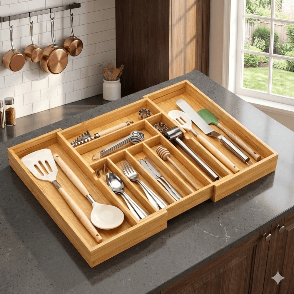 Bamboo Drawer Organizer Expandable Adjustable 9-Compartment Silverware Tray Cutlery Utensil Holder for Kitchen Drawer Office Desk Bedroom Eco-Friendly Bamboo Storage Divider Organizer
