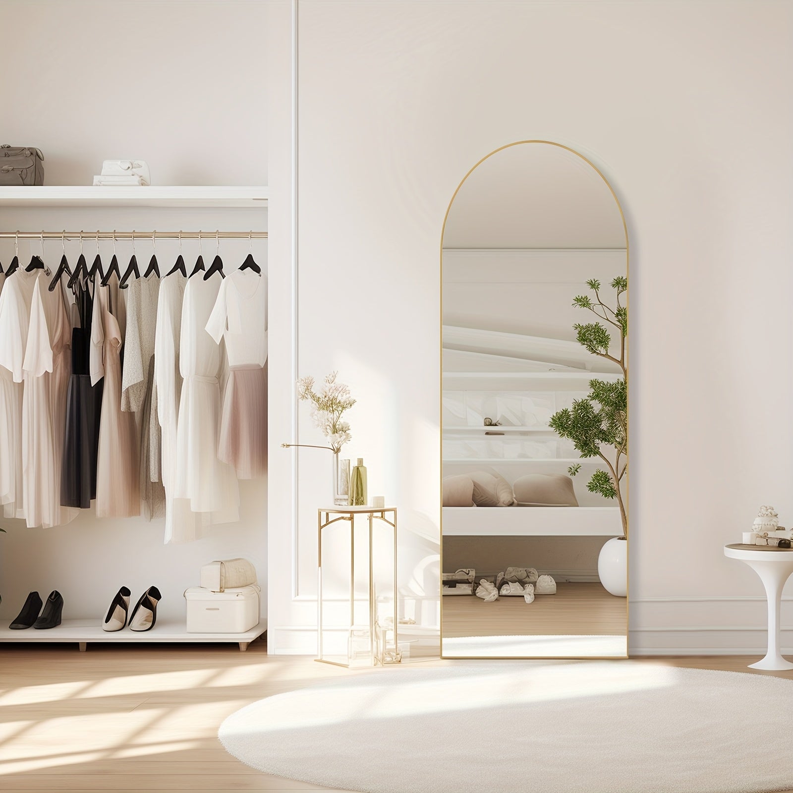 Full Length Floor Mirror with Stand ¨C Arched & Rectangular Full Body Mirror, Aluminum Alloy Frame, Shatter-Proof Nano Glass, Bedroom Living Room Cloakroom Wall Leaning Mirror