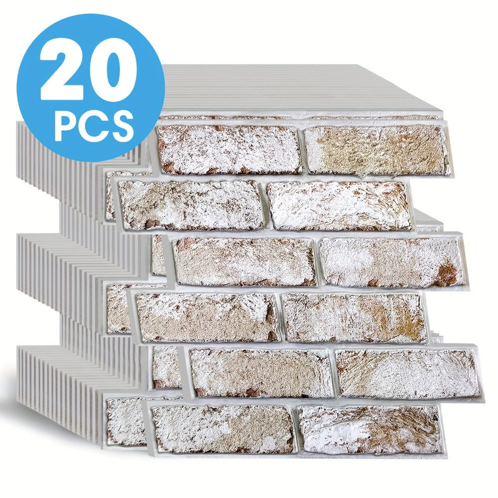 Peel and Stick Brick Wall Panels 3D Faux Brick Tiles 20 Sheets - Self-Adhesive PVC Realistic Texture, No Grout Needed, Waterproof & Heat Resistant for Kitchen Backsplash Fireplace Living Room Bedroom