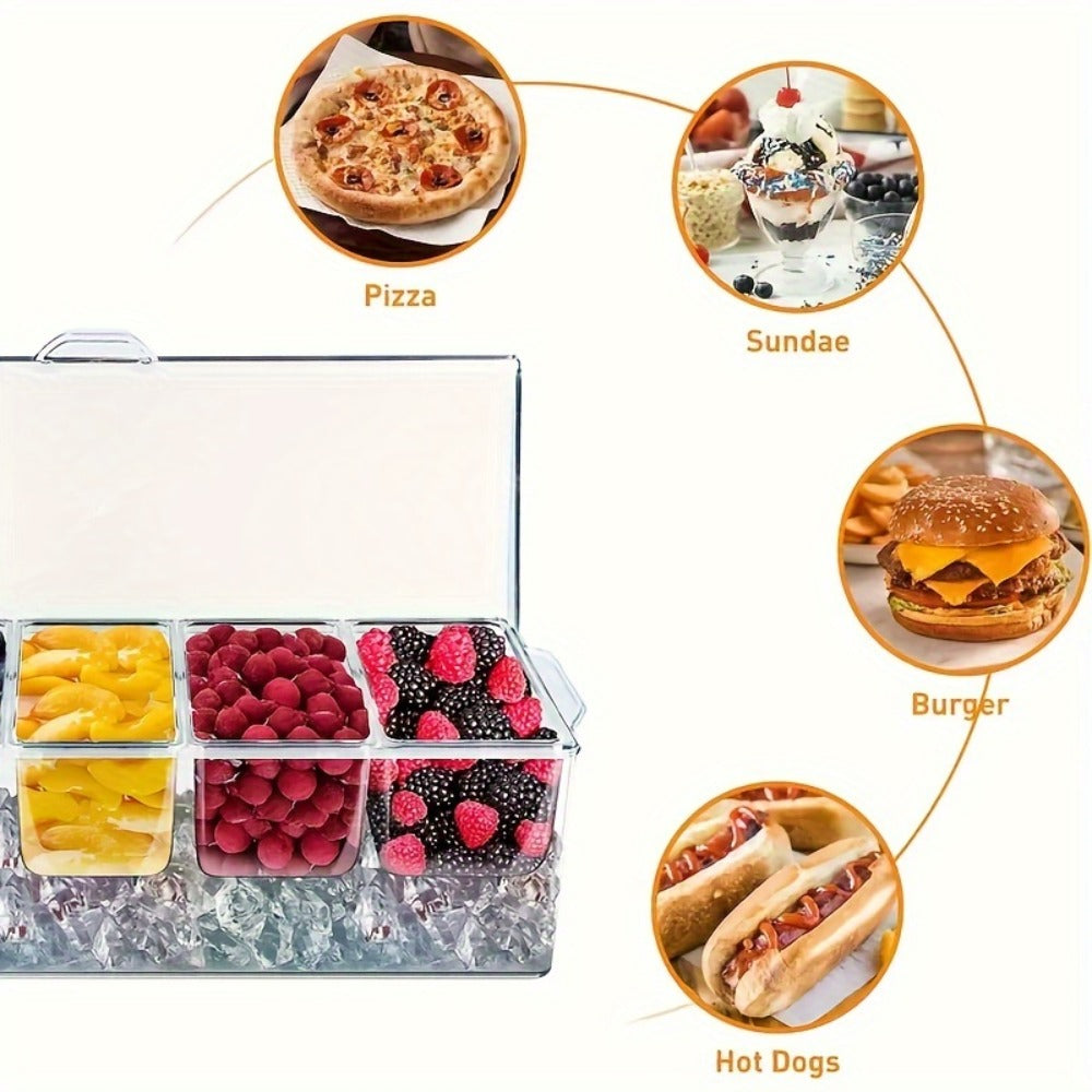 Fruit Salad Bowl with Lid and 5 Compartments, Portable Chilled Serving Tray with 5 Forks and 2 Tongs, Detachable Fruit Storage Box for Party Entertaining Bar Decoration Buffet Table
