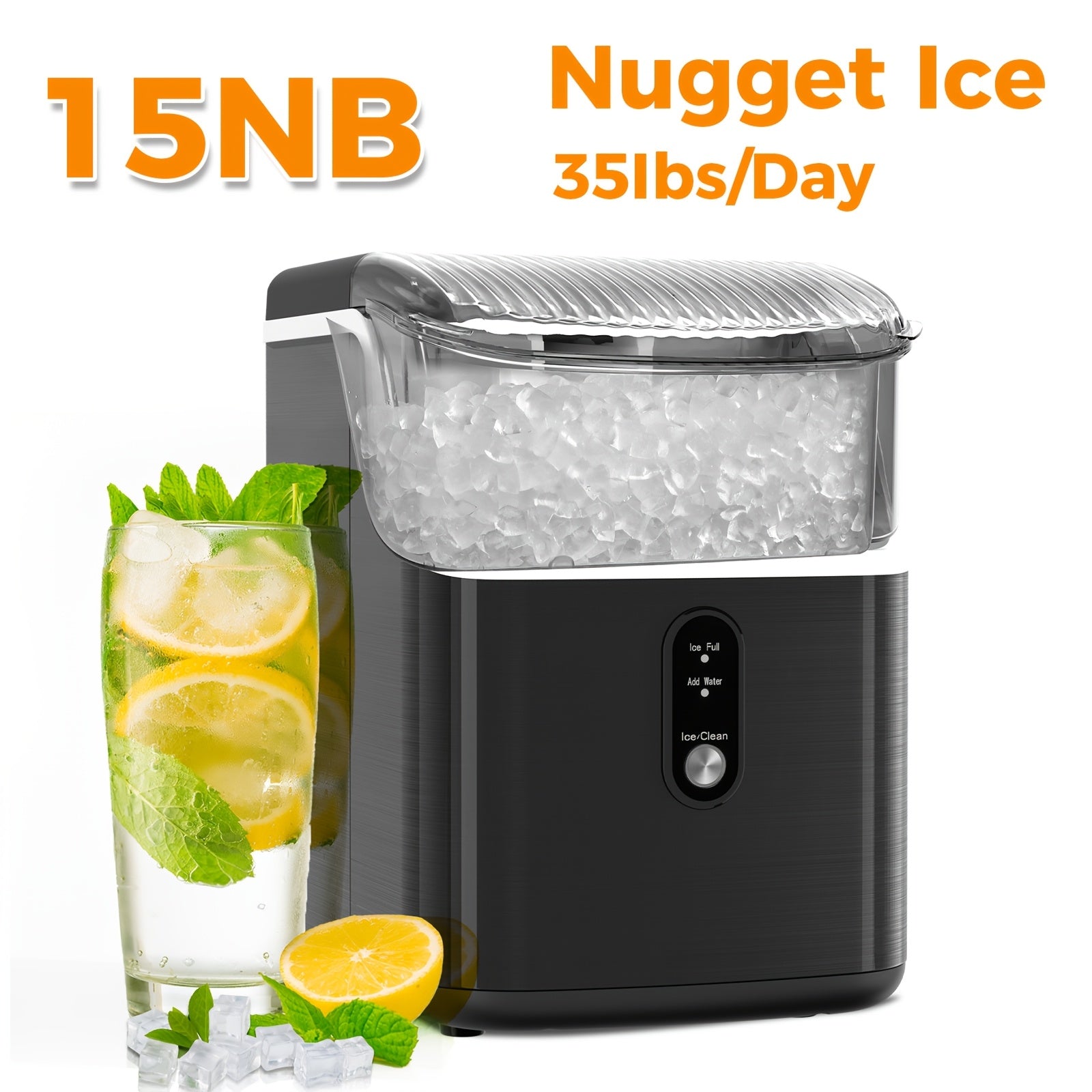 Countertop Nugget Ice Maker 35lbs in 24hrs, Self-Cleaning Portable Ice Machine with Ice Scoop & Basket, Stainless Steel, for Home Kitchen Office Camping RV Bar