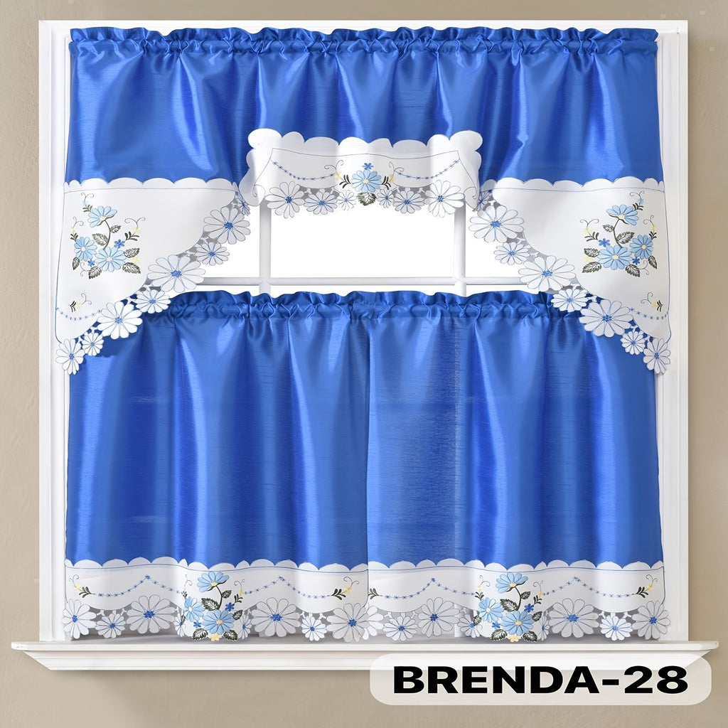 Kitchen Curtains 3 Piece Set Embroidered Satin Valance and Tiers - Rod Pocket Light Filtering Machine Washable 46 Colors Available All Season Home Decor