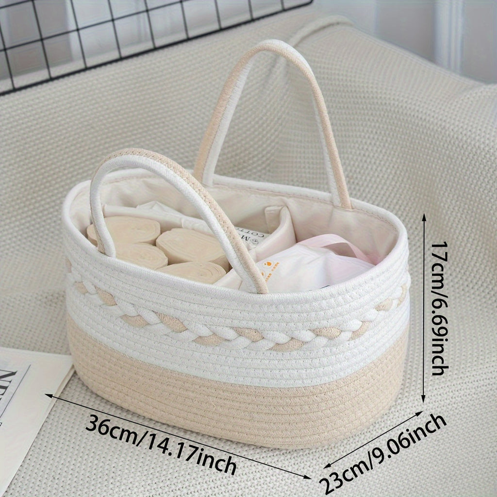 Boho Rope Storage Basket Woven Foldable Organizer 14¡± Large Capacity - Removable Lining Striped Shelf Basket with Handle for Home Bedroom Living Room Laundry Decor
